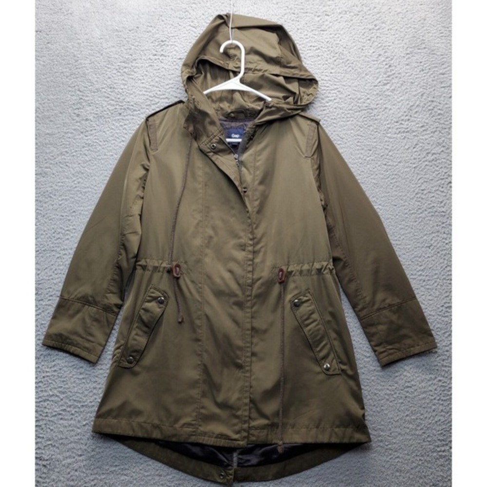 Gap Parka Coat Women's Petite XS Green Lined Hooded Snap Front Inside‎ Full Zip